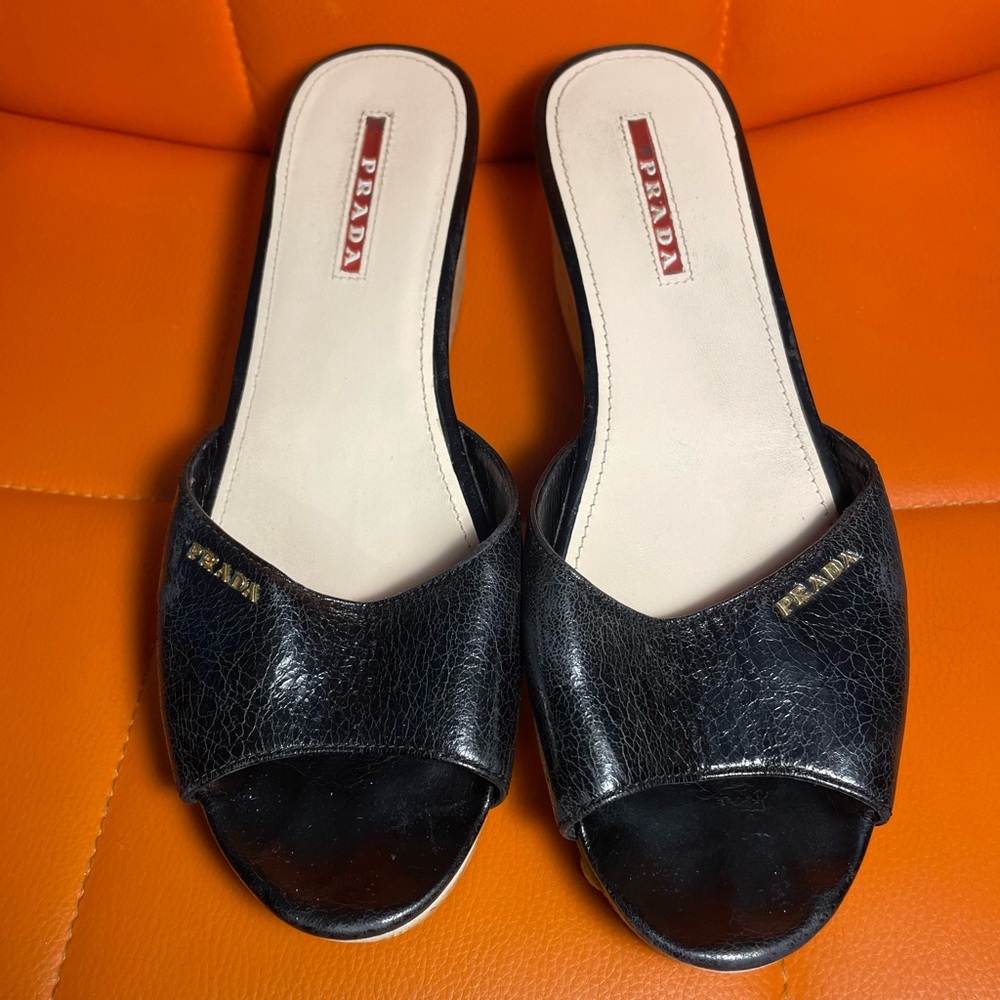 Prada Women's Wedge Sandals, Patent Black Cork, Size 7, Made in Italy